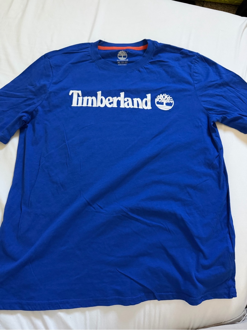 Timberland Blue Short Sleeve Logo Tee with White Print